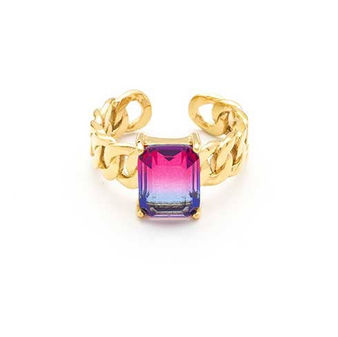 Adjustable steel signet ring with fuchsia crystal mesh