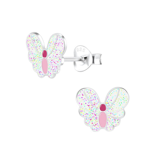Boucles d'oreilles clous papillon paillettes blanches, argent 925